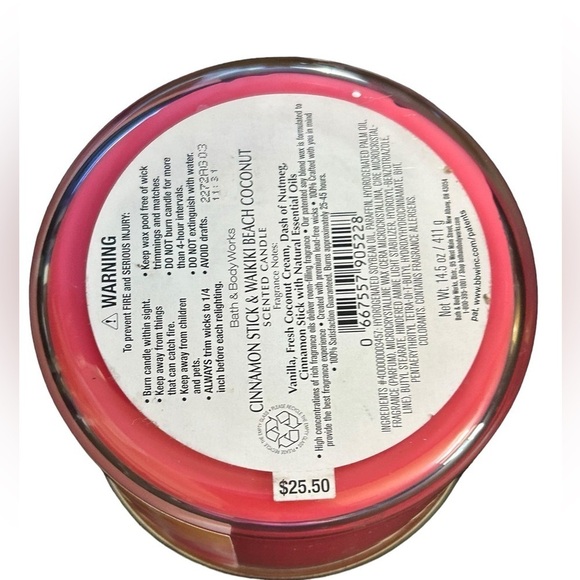 New Bath & Body Works 3 Wick Candle Cinnamon Stick & Waikiki Beach Coconut - Picture 3 of 3